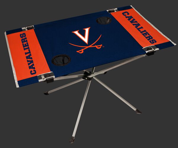 A navy/orange NCAA Virginia Cavaliers endzone table with two cup holders and team logo printed in the middle SKU #04053107111