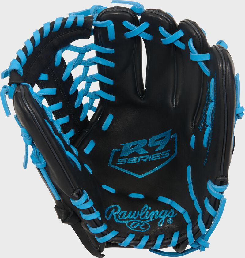 Black palm of a Rawlings R9 ContoUR 11.5-Inch Baseball Glove with Columbia blue stamping and laces