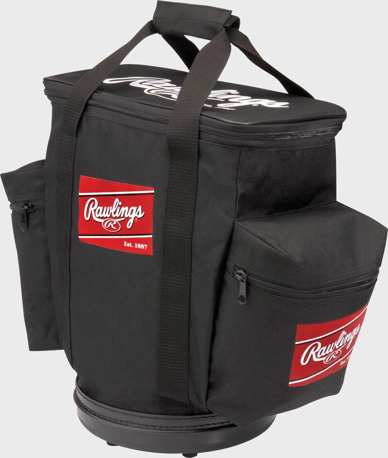 A black RBALLB-B baseball bucket ball bag with a side compartment on each side