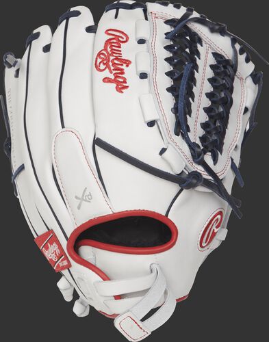 Back view of a white RLA125FS-15WNS 12.5-inch Liberty Advanced finger shift softball glove with a Pull-Strap design