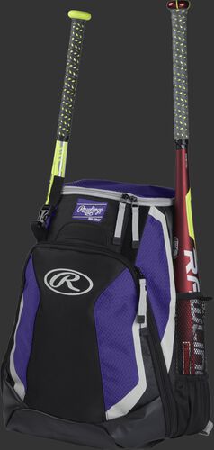 Left side of a black/purple R500 baseball backpack with a red bat in the side sleeve