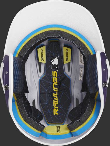 Inside of a Rawlings MACH baseball helmet with IMPAX durable foam padding