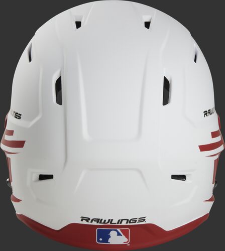 Back of a white/scarlet Rawlings Mach fastpitch helmet with the MLB logo on the bottom - SKU: MSB13S-W/S