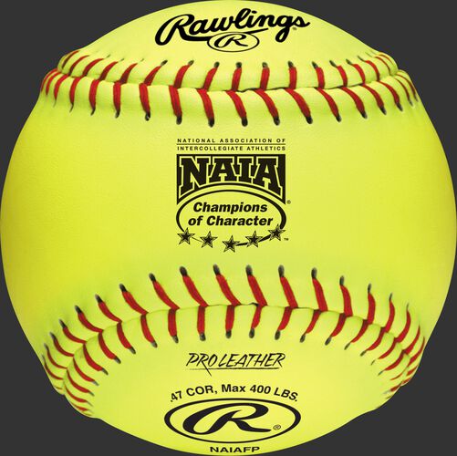 A yellow NAIAFP official NAIA 12-inch softball with red stitching