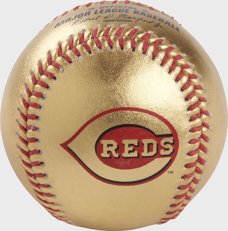 Reds logo on a gold MLB baseball with red stitches - SKU: RSGEA-GOLDCIN-R loading=