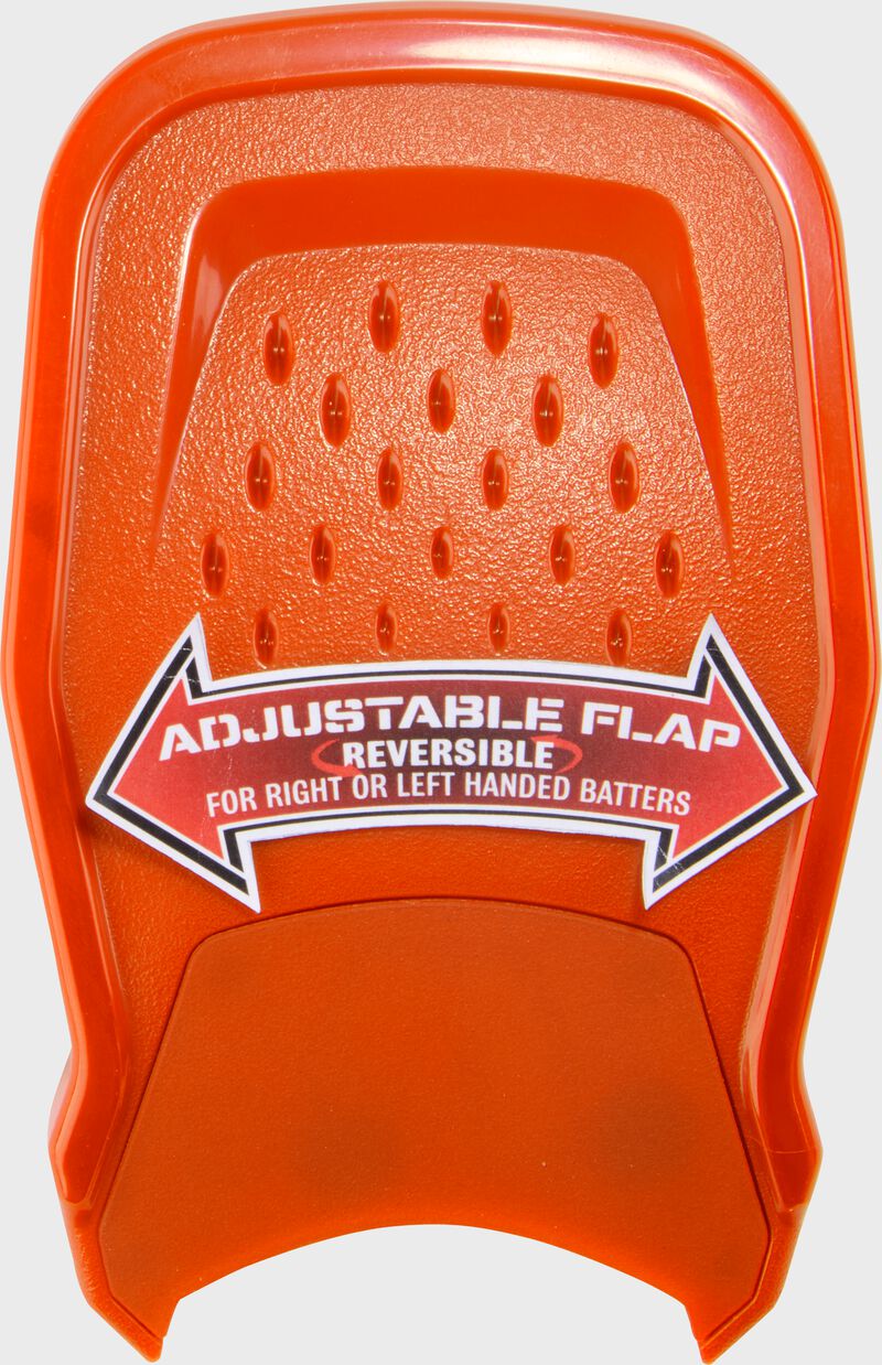 An athletic orange Rawlings RX2 Reverse adjustable batting helmet extension with a sticker showing the adjustability