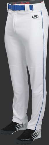 Front of Rawlings White/Royal Youth Launch Semi-Relaxed Piped Baseball Pant - SKU #YLNCHSRP