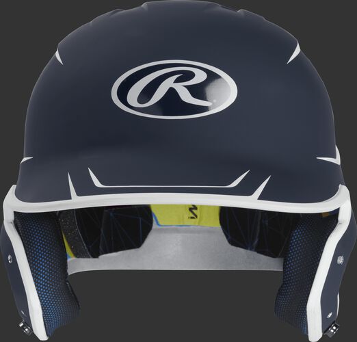 Front of a matte navy/white MACH Junior size batting helmet