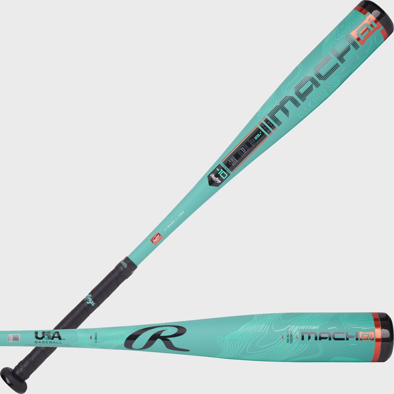 Two images of a mint 2025 Rawlings Mach AI -10 USA Baseball bat showing both sides of the barrel