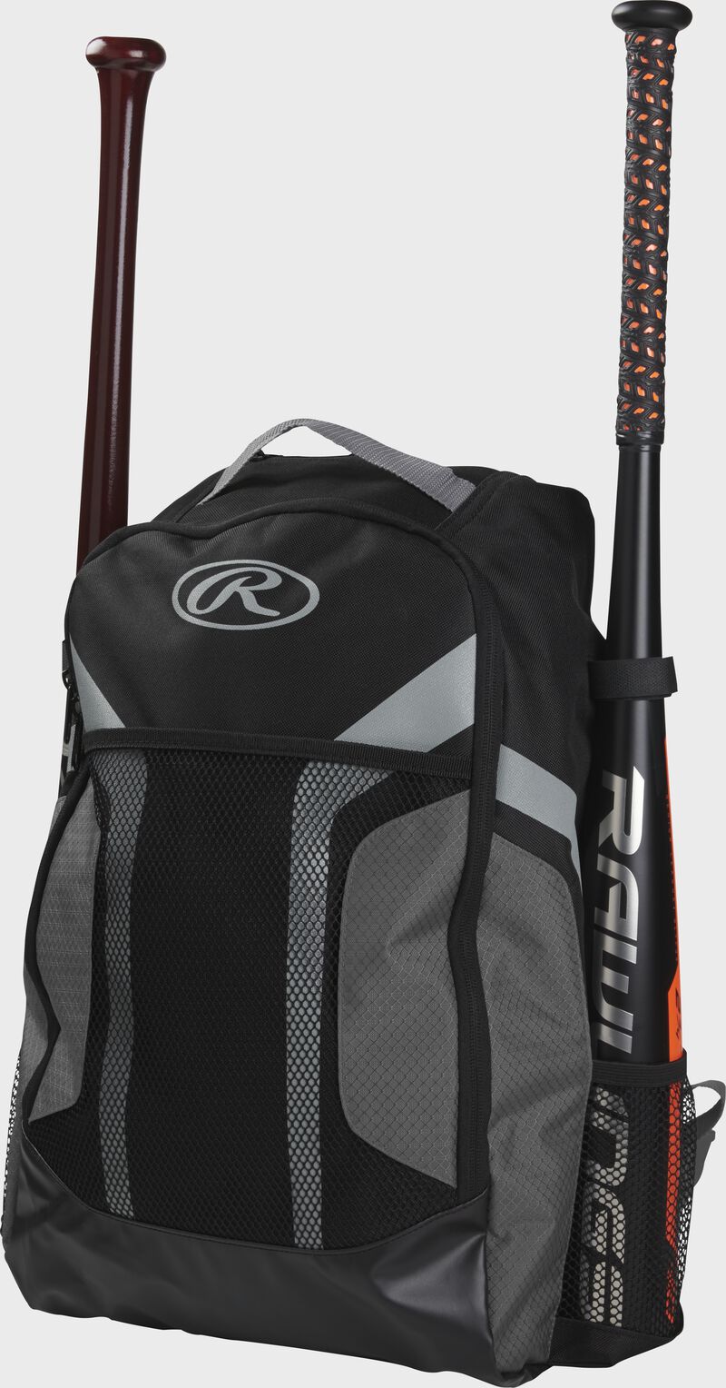 Front left side of a black/gray Rawlings backpack with 2 bats in the sides - SKU: R200-G