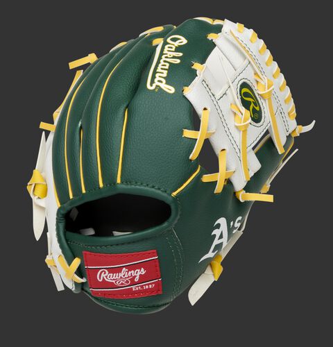 Back of a green/white Oakland Athletics I-web glove with a red Rawlings patch - SKU: 22000003111