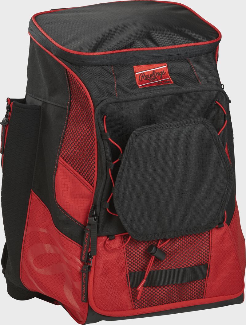 Front right of a scarlet/black R600 Rawlings backpack without bats