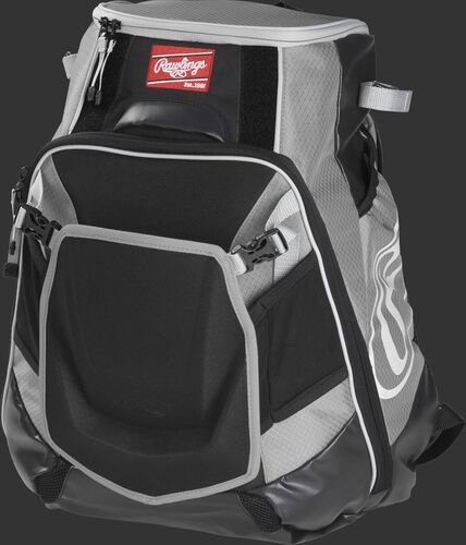Front left of a gray VELOBK Rawlings Velo equipment backpack with an Oval R logo on the side compartment