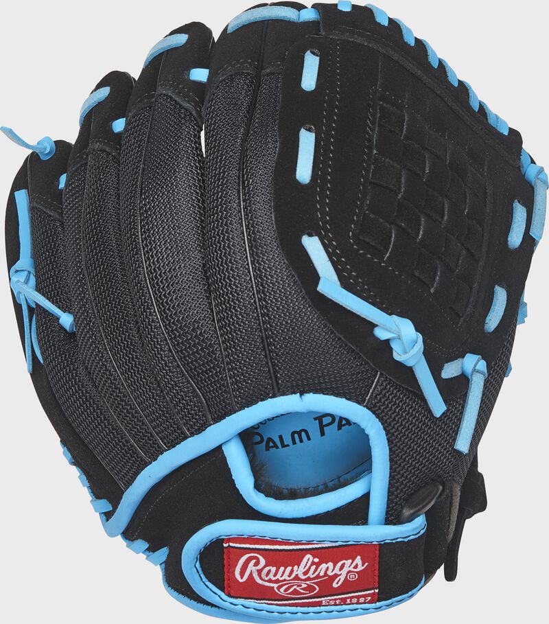 Black mesh back of a black Savage youth Basket web glove with a velcro strap - SKU: ACAS10NB