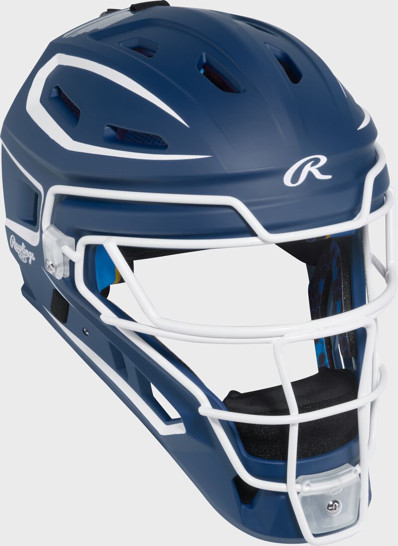 Front right of a navy Rawlings Mach Pro Series catcher's helmet loading=