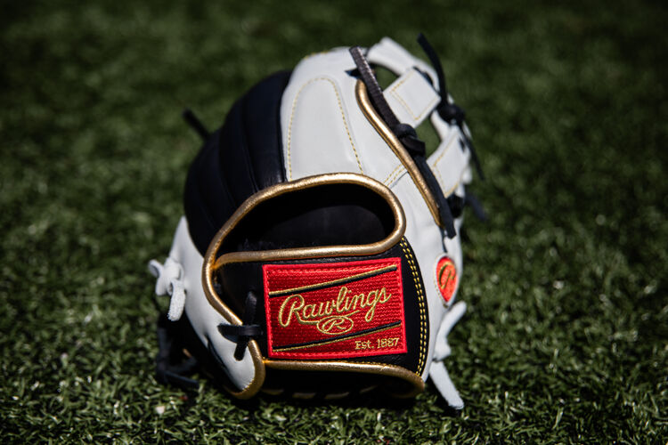 Red Rawlings patch on a Rawlings Encore outfield glove lying on a field - SKU: EC1225-6BW