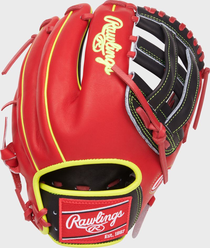 Scarlet back of an Oneil Cruz 11.75" Heart of the Hide H-web glove with a red Rawlings patch - SKU: PRO205-6OC