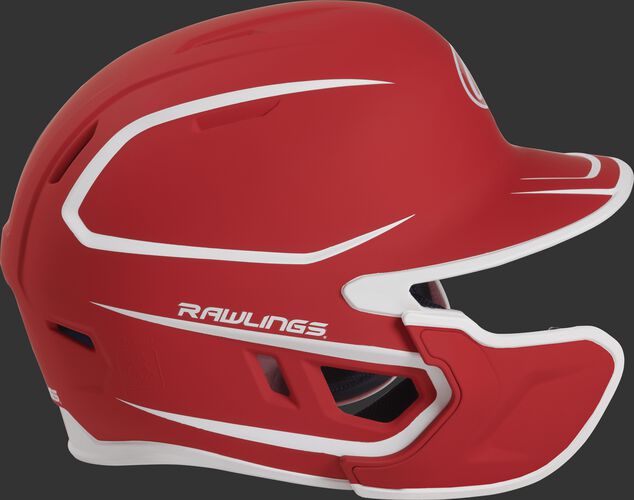Right side of a two-tone MACHEXTR Rawlings MACH helmet with EXT extension piece for left hand batters