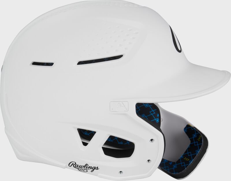 Right side of a white Rawlings RX2 Reverse batting helmet loading=
