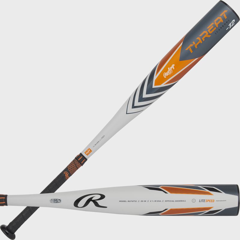 2 views of a gray/orange Rawlings Threat -12 USSSA bat showing both sides of the barrel - SKU: RUT4T12