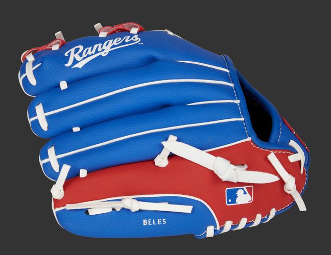 Back of a blue/red Texas Rangers 10-inch youth glove with the MLB logo on the pinky - SKU: 22000022111