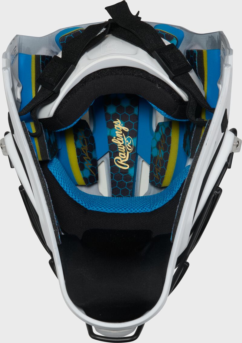Inside padding of a white Rawlings Mach Pro Series catcher's helmet loading=