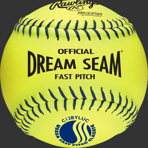 A yellow C12BYLUC USSSA Official 12-inch Dream Seam softball with blue stitching