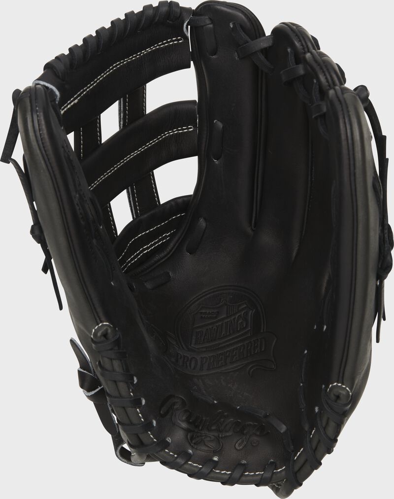 Black palm of a Rawlings Pro Preferred outfield glove with a black web and black laces - SKU: PROS27HFSSPRO