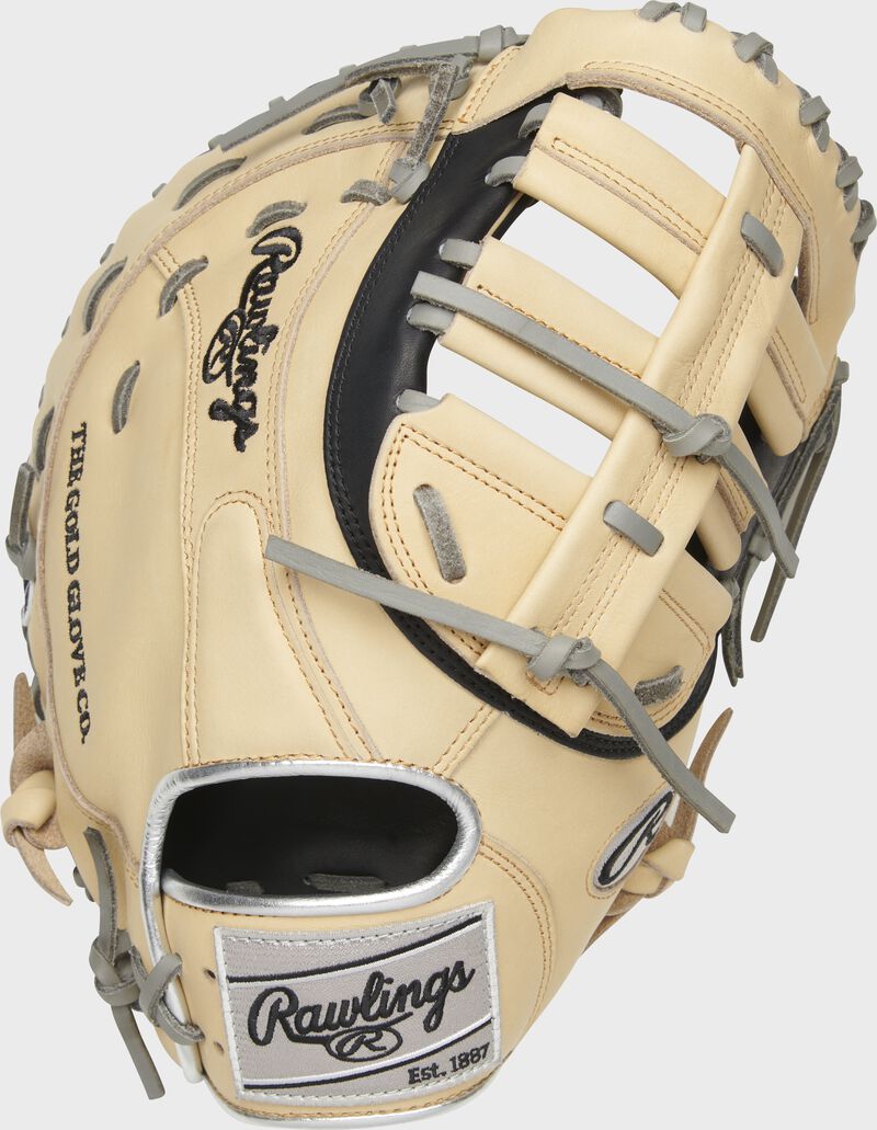 Back of a camel Heart of the Hide R2G 12.5-inch 1st base mitt with a silver Rawlings patch - SKU: PRORFM18-10BC
