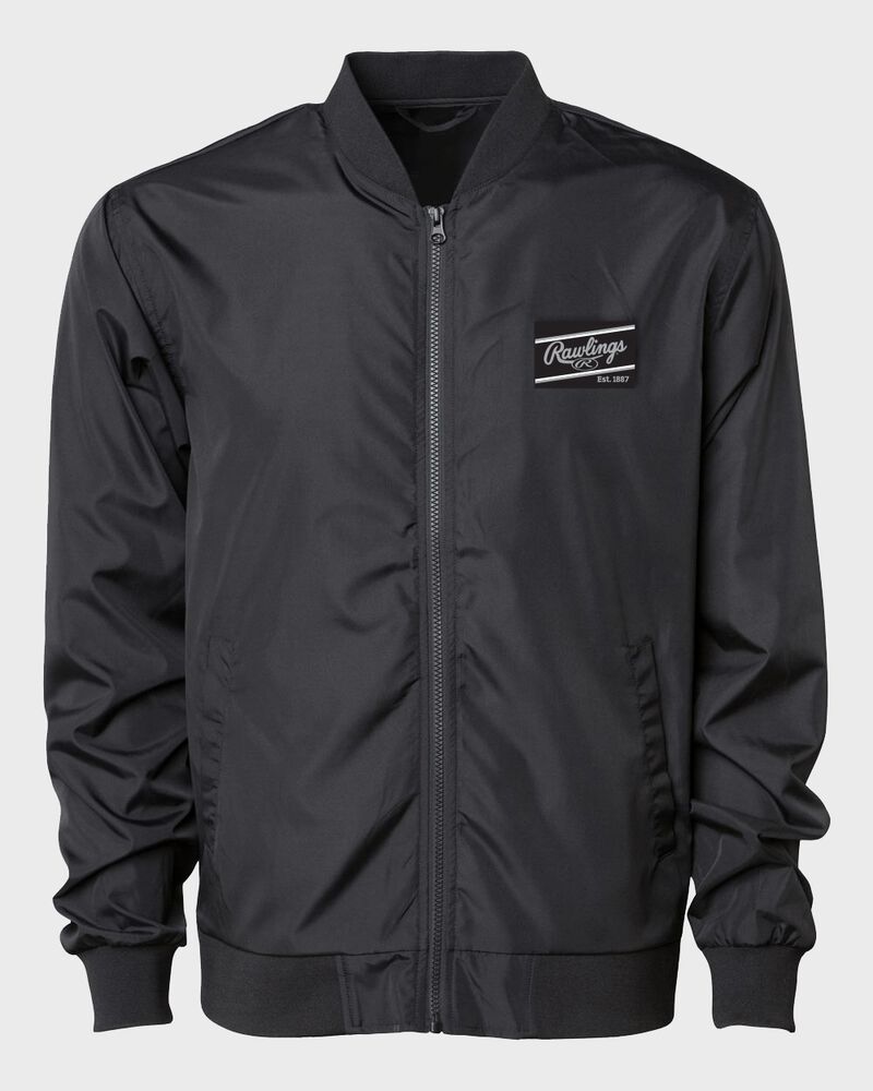 A black Rawlings lightweight bomber jacket with a black/silver Rawlings patch logo on the chest - SKU: RSGBJ-B