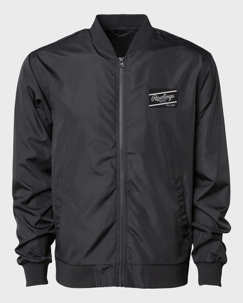 A black Rawlings lightweight bomber jacket with a black/silver Rawlings patch logo on the chest - SKU: RSGBJ-B loading=