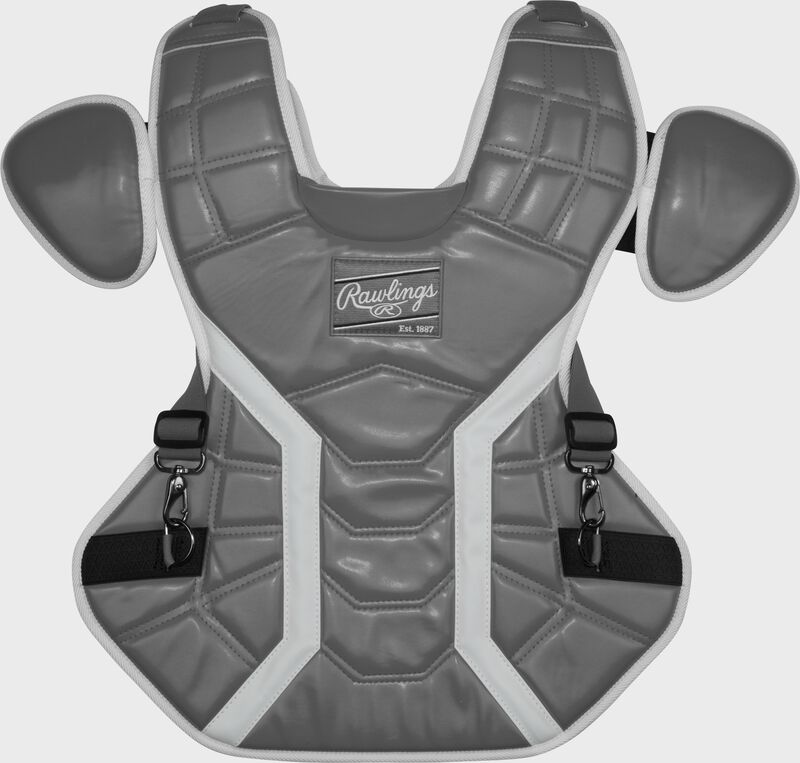 Front of a graphite Rawlings Mach Pro Series chest protector
