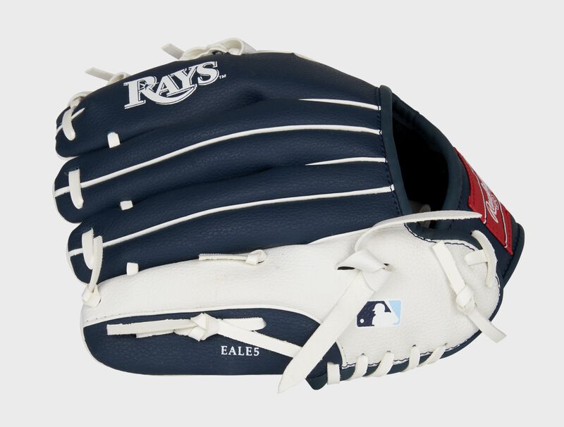 Back of a navy/white Tampa Bay Rays youth glove with the MLB logo on the pinky - SKU: 22000009111