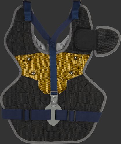 Back of a navy RCSNA intermediate Rawlings Renegade 2.0 chest protector
