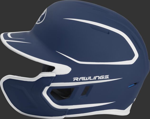 Left side of a two-tone MACHEXTR Rawlings MACH helmet with EXT extension piece for right hand batters