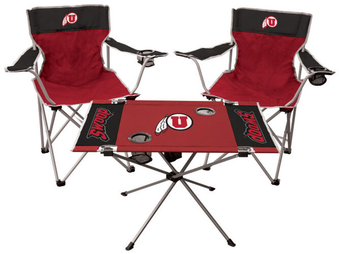 Front of Rawlings Crimson and Black NCAA Utah Utes 3-Piece Tailgate Kit With Two Kickoff Chairs, An Endzone Table, And A Transport Bag With Team Logo SKU #00993105511