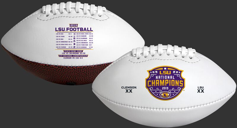 2 sides of a white 2020 LSU Tigers College Football National Champions Youth sized football