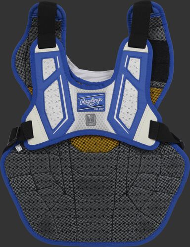 Back harness of a royal/white CPV2N adult Velo 2.0 chest protector with Dynamic Fit System 2.0