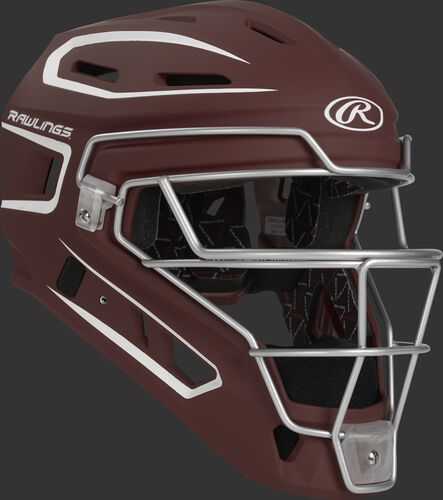 Front right of a cardinal CHV27J Rawlings Velo 2.0 catcher's helmet
