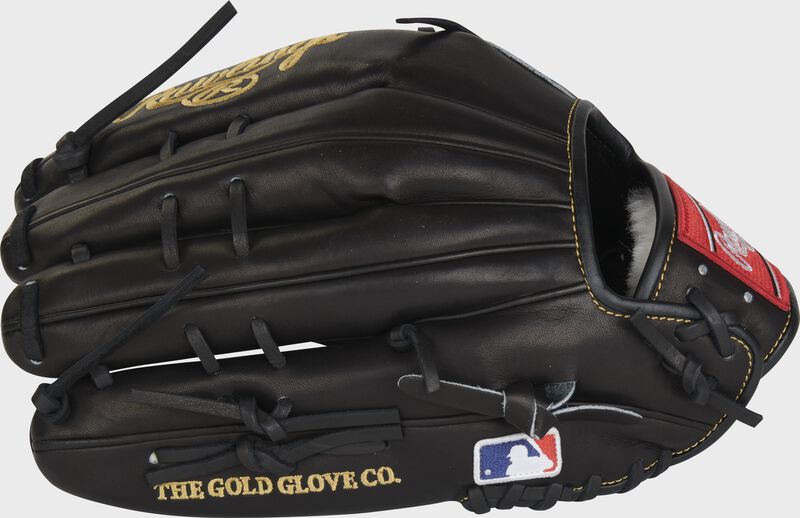 Back of a black Kole Calhoun 12.75" Pro Preferred outfield glove with the MLB logo on the pinky - SKU: PROS442-KC56
