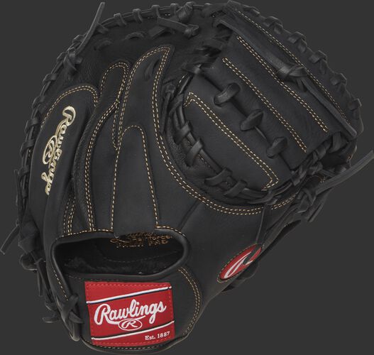 Back view of a black RCM325B 32.5-inch Renegade Series recreational catcher's mitt with a black back