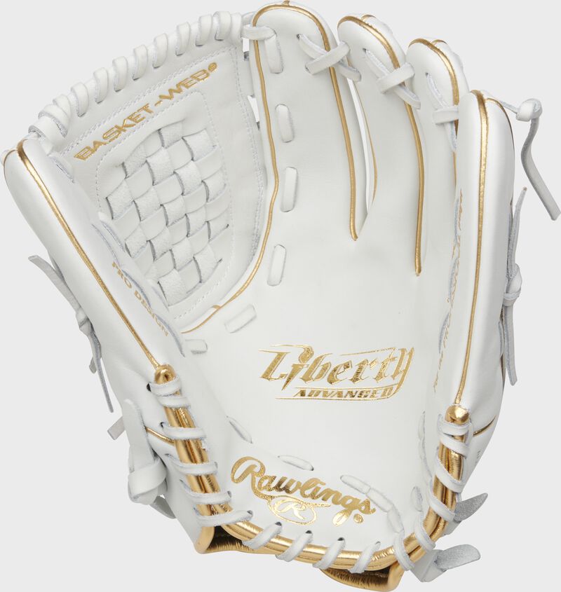 Shell palm view of red and white 2021 Liberty Advanced 12.5-inch fastpitch glove loading=
