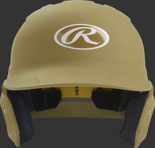 Front of a matte Vegas gold MACH junior size batting helmet