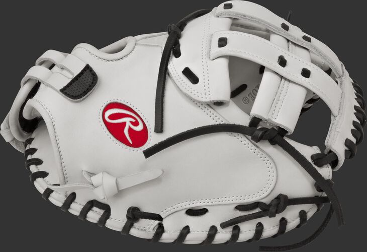 Thumb view of a white RLACM34 Liberty Advanced 34-inch fastpitch catcher's mitt with a white Modified H web