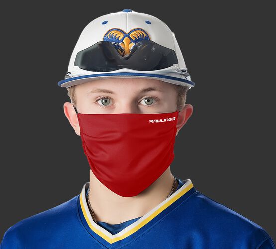 A player wearing a red Performance wear ear loop mask - SKU: RMSKE-RED