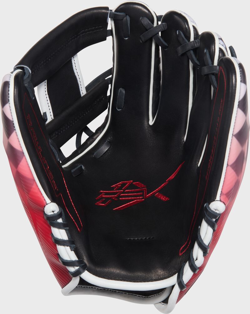 Black leather palm of a Rawlings REV1X Checkered Flag glove with red stamping and black laces