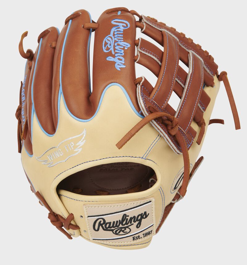Camel Wing Tip back of a Pro Preferred 11.75-Inch H-web glove with bruciato finger backs and camel patch - SKU: PROS205W-6BRC