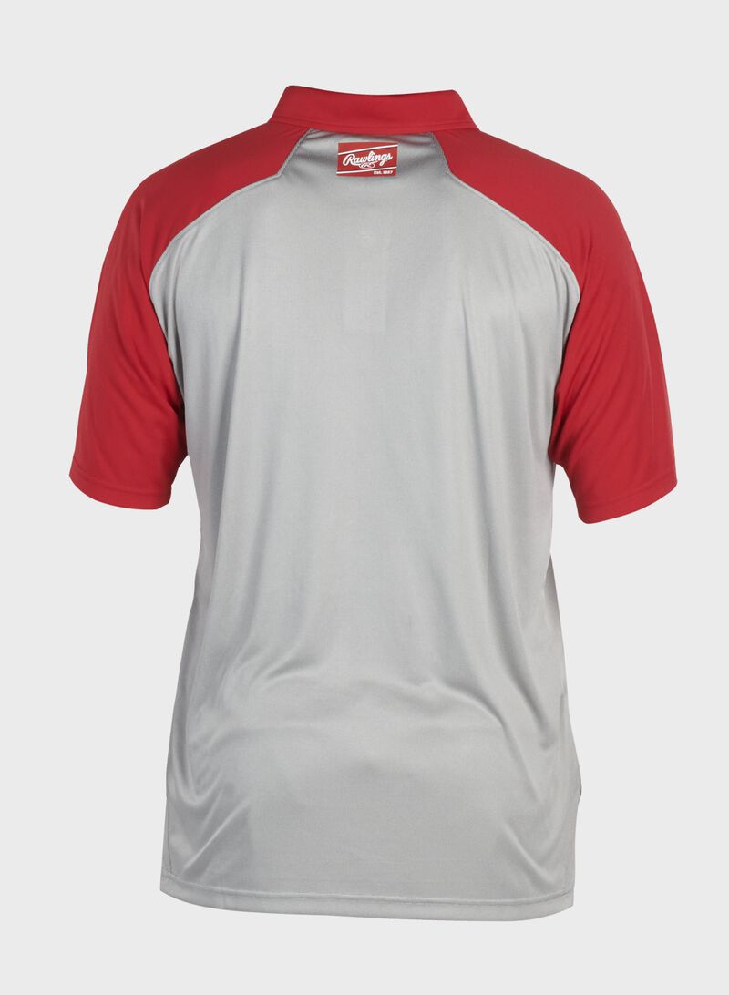 Back of a gray ColorSync polo with scarlet sleeves and red Rawlings patch on the back neckline - SKU: CSP-BG/S image number null