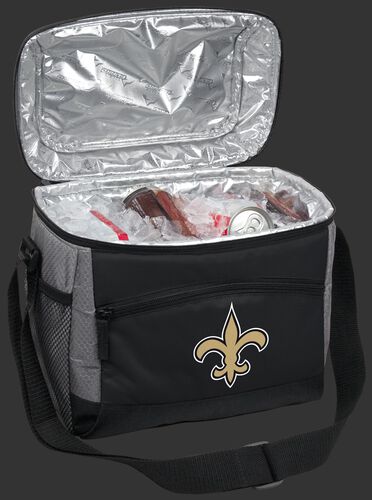 An open New Orleans Saints 12 can cooler filled with ice and drinks - SKU: 10111077111