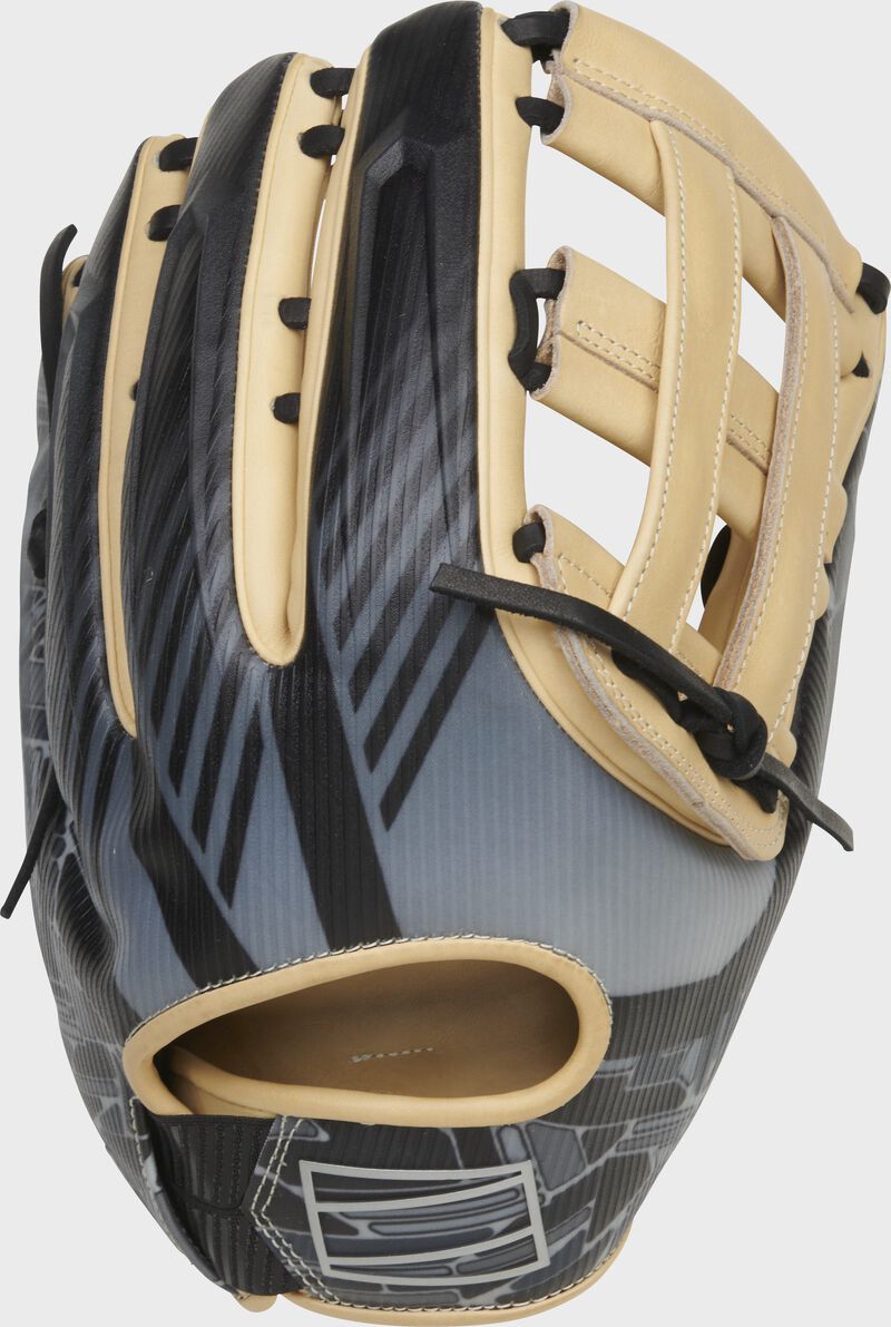 Shell back view of camel and black 2022 REV1X 12.75-inch outfield glove